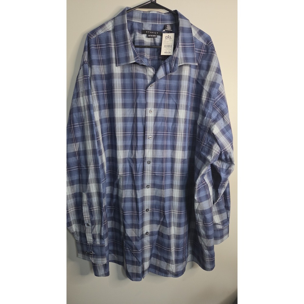 Synrgy DXL Blue Plaid Button Up Golf Wear Big And Tall 3x